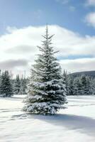 pino alberi o decorato Natale albero coperto di neve su bellissimo inverno. Natale tema all'aperto di ai generato foto