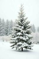 pino alberi o decorato Natale albero coperto di neve su bellissimo inverno. Natale tema all'aperto di ai generato foto