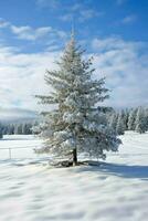 pino alberi o decorato Natale albero coperto di neve su bellissimo inverno. Natale tema all'aperto di ai generato foto