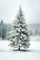 pino alberi o decorato Natale albero coperto di neve su bellissimo inverno. Natale tema all'aperto di ai generato foto