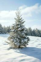 pino alberi o decorato Natale albero coperto di neve su bellissimo inverno. Natale tema all'aperto di ai generato foto