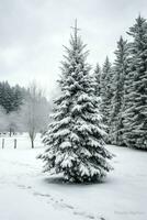 pino alberi o decorato Natale albero coperto di neve su bellissimo inverno. Natale tema all'aperto di ai generato foto