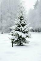 pino alberi o decorato Natale albero coperto di neve su bellissimo inverno. Natale tema all'aperto di ai generato foto