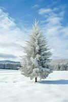 pino alberi o decorato Natale albero coperto di neve su bellissimo inverno. Natale tema all'aperto di ai generato foto