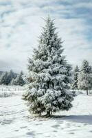 pino alberi o decorato Natale albero coperto di neve su bellissimo inverno. Natale tema all'aperto di ai generato foto