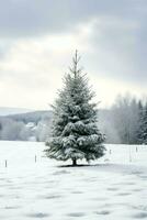 pino alberi o decorato Natale albero coperto di neve su bellissimo inverno. Natale tema all'aperto di ai generato foto