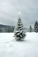 pino alberi o decorato Natale albero coperto di neve su bellissimo inverno. Natale tema all'aperto di ai generato foto