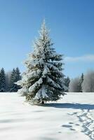 pino alberi o decorato Natale albero coperto di neve su bellissimo inverno. Natale tema all'aperto di ai generato foto