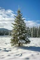 pino alberi o decorato Natale albero coperto di neve su bellissimo inverno. Natale tema all'aperto di ai generato foto