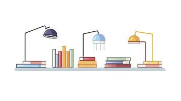 ai generato collezione di libri con lettura lampada minimalista piatto design su bianca sfondo foto