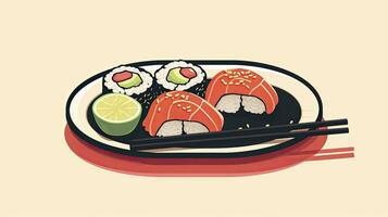 ai generato elegante minimalista Sushi piatto illustrazione con bastoncini foto