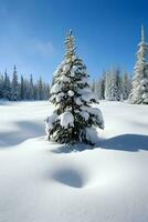 pino alberi o decorato Natale albero coperto di neve su bellissimo inverno. Natale tema all'aperto di ai generato foto