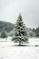 pino alberi o decorato Natale albero coperto di neve su bellissimo inverno. Natale tema all'aperto di ai generato foto