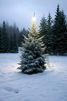 pino alberi o decorato Natale albero coperto di neve su bellissimo inverno. Natale tema all'aperto di ai generato foto