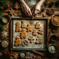 piatto posare di cucinando fatti in casa Natale cottura al forno ingredienti o Pan di zenzero biscotti posto su tavolo concetto di ai generato foto