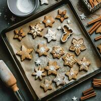 piatto posare di cucinando fatti in casa Natale cottura al forno ingredienti o Pan di zenzero biscotti posto su tavolo concetto di ai generato foto