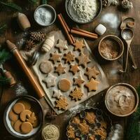 piatto posare di cucinando fatti in casa Natale cottura al forno ingredienti o Pan di zenzero biscotti posto su tavolo concetto di ai generato foto