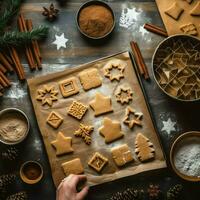 piatto posare di cucinando fatti in casa Natale cottura al forno ingredienti o Pan di zenzero biscotti posto su tavolo concetto di ai generato foto