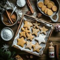 piatto posare di cucinando fatti in casa Natale cottura al forno ingredienti o Pan di zenzero biscotti posto su tavolo concetto di ai generato foto