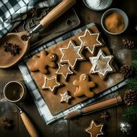 piatto posare di cucinando fatti in casa Natale cottura al forno ingredienti o Pan di zenzero biscotti posto su tavolo concetto di ai generato foto