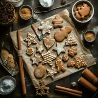 piatto posare di cucinando fatti in casa Natale cottura al forno ingredienti o Pan di zenzero biscotti posto su tavolo concetto di ai generato foto