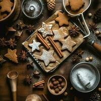 piatto posare di cucinando fatti in casa Natale cottura al forno ingredienti o Pan di zenzero biscotti posto su tavolo concetto di ai generato foto