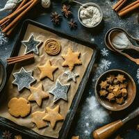 piatto posare di cucinando fatti in casa Natale cottura al forno ingredienti o Pan di zenzero biscotti posto su tavolo concetto di ai generato foto