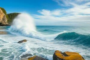 ai generato mare onde colpire rocce su un' bellissimo spiaggia. professionista foto