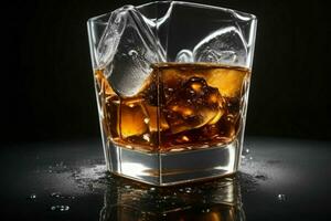 ai generato whisky spruzzo con ghiaccio cubi. professionista foto