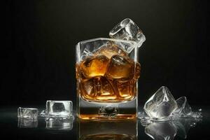 ai generato whisky spruzzo con ghiaccio cubi. professionista foto