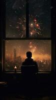 ai generato solitario figura guardare su di finestra a notte città e fuochi d'artificio foto