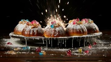 ai generato festivo hanukkah celebrazione. vivace hanukkiah con colorato illuminato candele e delizioso sufganiyot foto