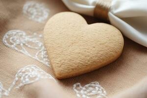 ai generato cuore sagomato biscotto su tela ruvida tessuto con cremoso bianca e beige colore tavolozza foto
