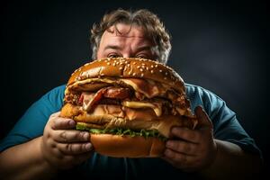 ai generato Grasso uomo sbircia su a partire dal dietro a un' enorme hamburger foto