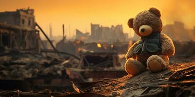 ai generato bambini orsacchiotto orso giocattolo al di sopra di città bruciato distruzione di un conseguenze guerra conflitto foto