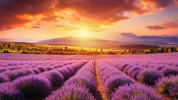 ai generato meraviglioso scenario sorprendente estate paesaggio di fioritura lavanda fiori foto