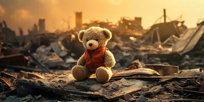 ai generato bambini orsacchiotto orso giocattolo al di sopra di città bruciato distruzione di un conseguenze guerra conflitto foto