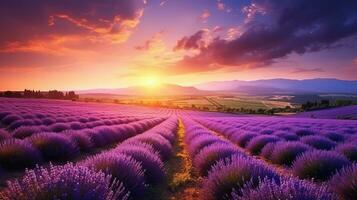 ai generato meraviglioso scenario sorprendente estate paesaggio di fioritura lavanda fiori foto