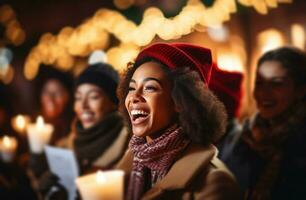 ai generato gruppo di persone cantando Natale canti natalizi foto