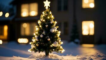 ai generato Natale sfondo. Natale albero con scintillio luci a notte foto