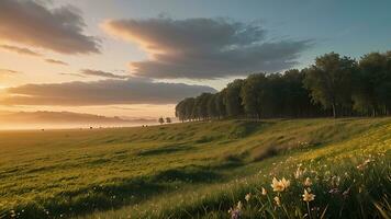 ai generato bellissimo naturale scenario. Alba su prato foto