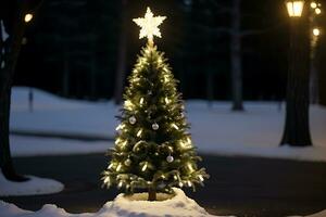 ai generato Natale sfondo. Natale albero con scintillio luci a notte foto