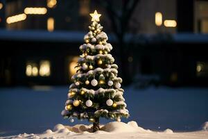 ai generato Natale sfondo. Natale albero con decorazioni e ornamenti a notte foto