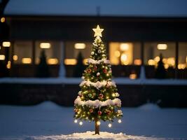 ai generato Natale sfondo. Natale albero con decorazioni e ornamenti a notte foto