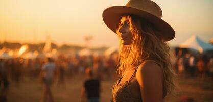 ai generato un' giovane donna nel un' cappello è a piedi su un' spiaggia foto