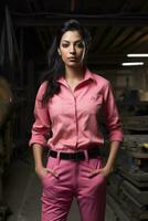 ai generato il Immagine ritrae un' donna vestito nel rosa attività commerciale abbigliamento, in piedi nel un' laboratorio o industriale ambientazione. foto