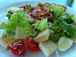 piatto di carne insalata servito con pane abbrustolito, pomodoro e grattugiato formaggio foto