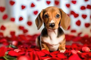 ai generato innocenza e fioriture - adorabile cucciolo nel un' giardino di Rose foto