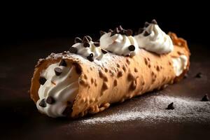 ai generato cannoli - un' di base di italiano cucina, cannoli consiste di fritte Pasticcino tubi pieno con un' dolce ricotta formaggio Riempimento foto