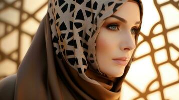 ai generato ritratto di un' donna con un' hijab contro un' geometrico fantasia sfondo foto